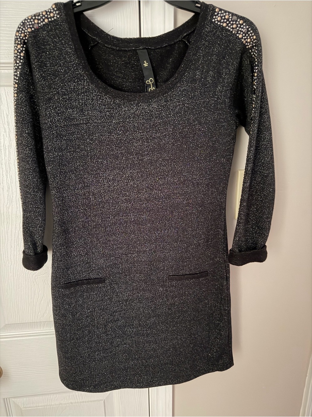 Sparkle Black Long-Sleeve Shift Dress with Embellished Shoulders